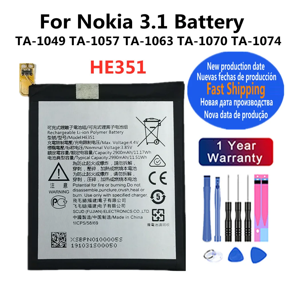 High Quality 2900mAh HE351 Battery For Nokia 3.1 A-1049 TA-1057 TA-1063 TA-1070 TA-1074 Mobile Phone Battery Bateria + Tools