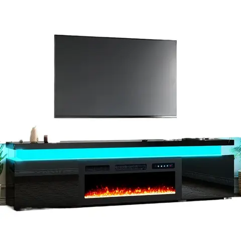 85’’ Fireplace TV Stand for 90 Inch TVs, Modern Entertainment Centers with LED Lights, High Gloss TV Console with 40’’ Electric