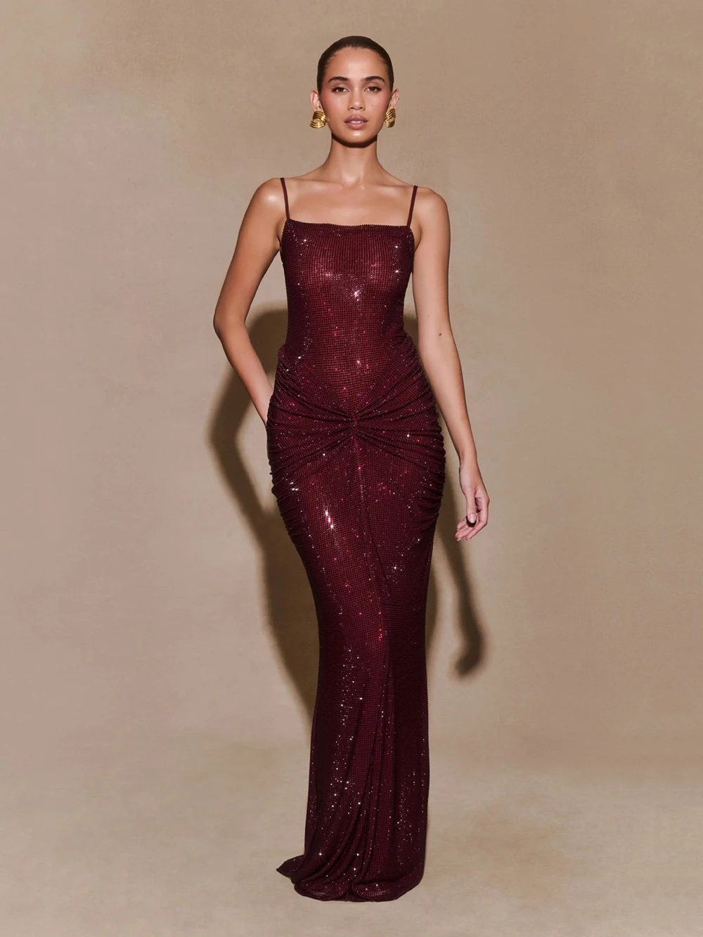 

2025 Autumn New European And American Women's Clothing Pure Desire Style Strap Fashion Hot Diamond Folded Waist Long Dress