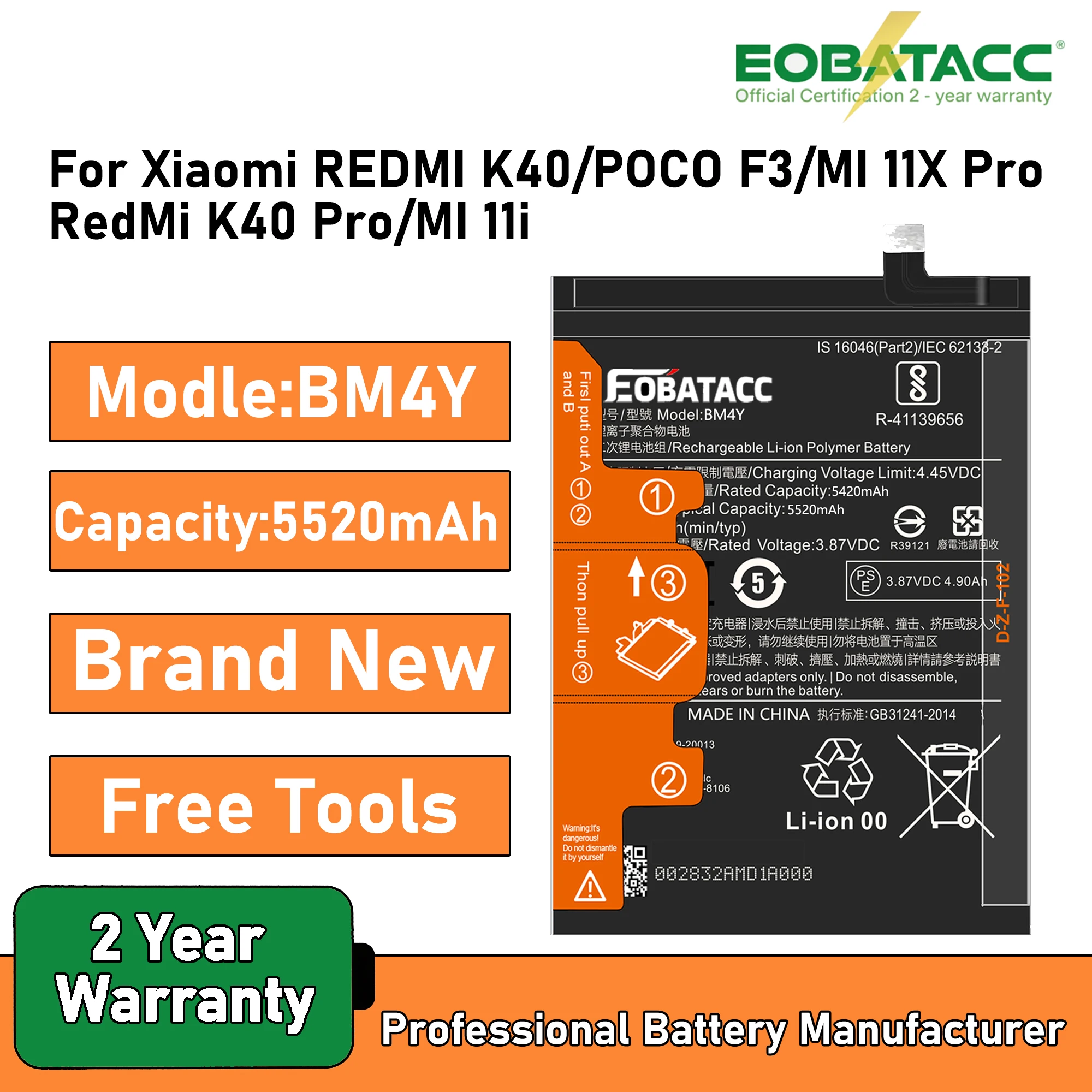 

2025 Years new Replacement Battery BM4Y Xiaomi Poco F3 For Redmi K40 Pro K40pro 5520Mah+Free Tools
