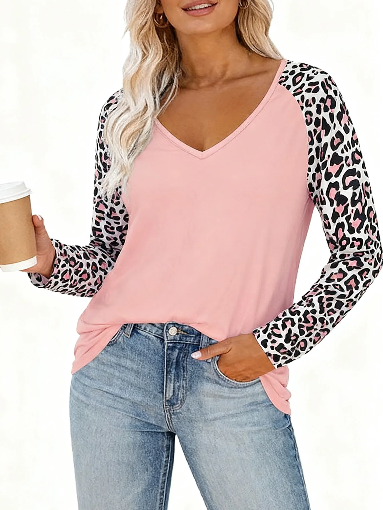 Plus Size Casual T-shirt Women\'s Plus Colorblock Leopard Print Long Sleeve V Neck Slight Stretch T-shirt