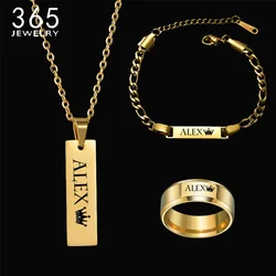 365 Personalized Engrave Name Date Bracelet Necklace Ring Set Stainless Steel Gold Color For Women Men DIY Lovers Jewelry Gifts