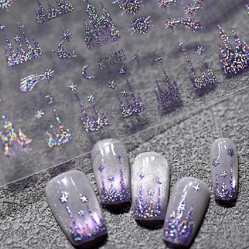 New Embossed Nail Stickers Colorful Starry Sky Moon Castle Nail Decoration Decals Diy Self Adhesive Transfer Slider