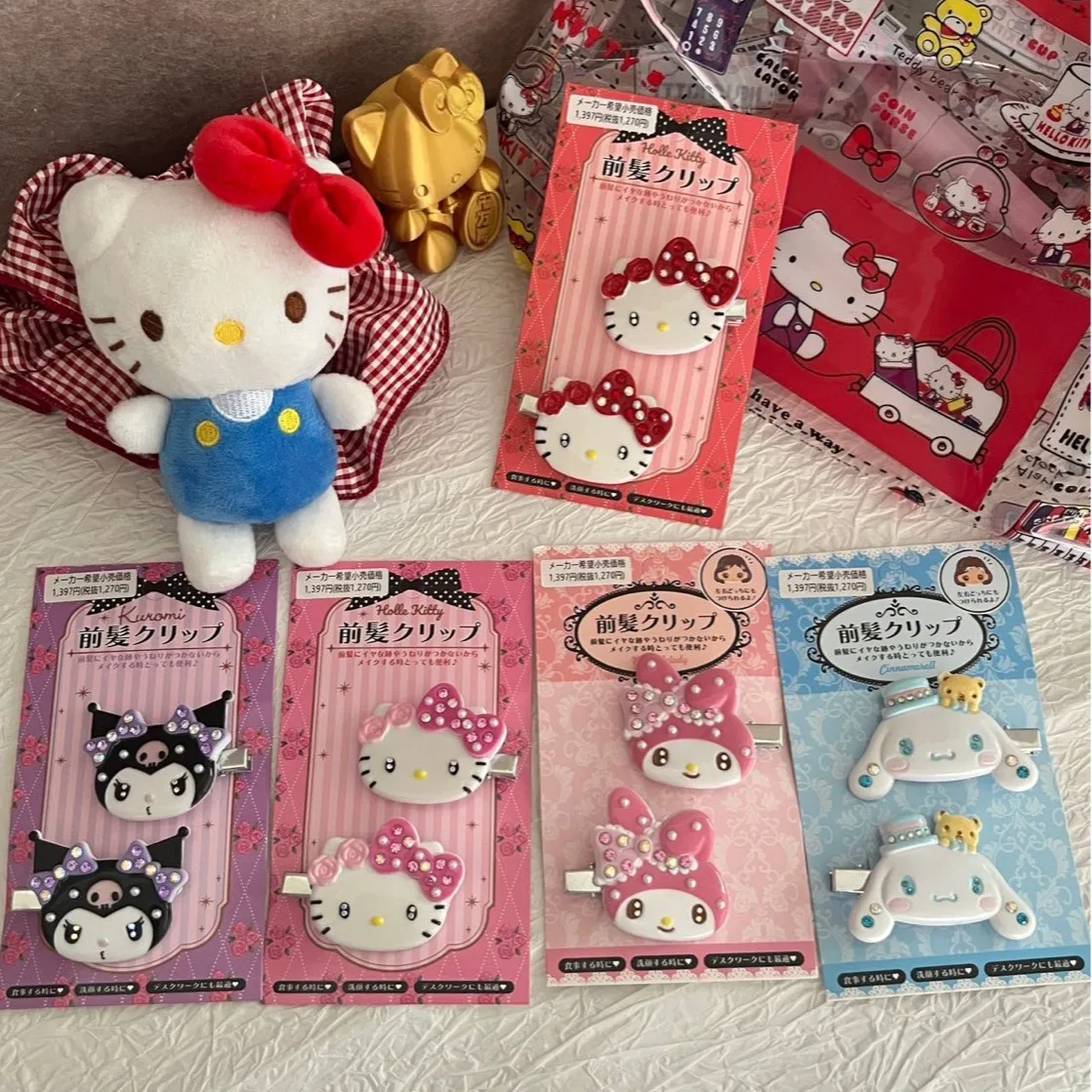 Pinza para el pelo Sanrio Hello Kitty con flor de cerezo y sakura, pasador para flequillo con diamantes de imitación, estilo japonés, pinza lateral, regalo para niñas, accesorio Kawaii