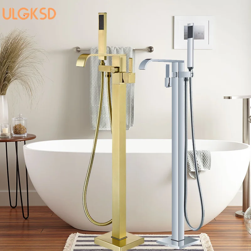 

Щетка Золотая душевая комната Водопад Ванна Смеситель для душа Ванная комната Напольная подставка Кран Смеситель для горячих пород Квадратная трубка Утолщенное основание
