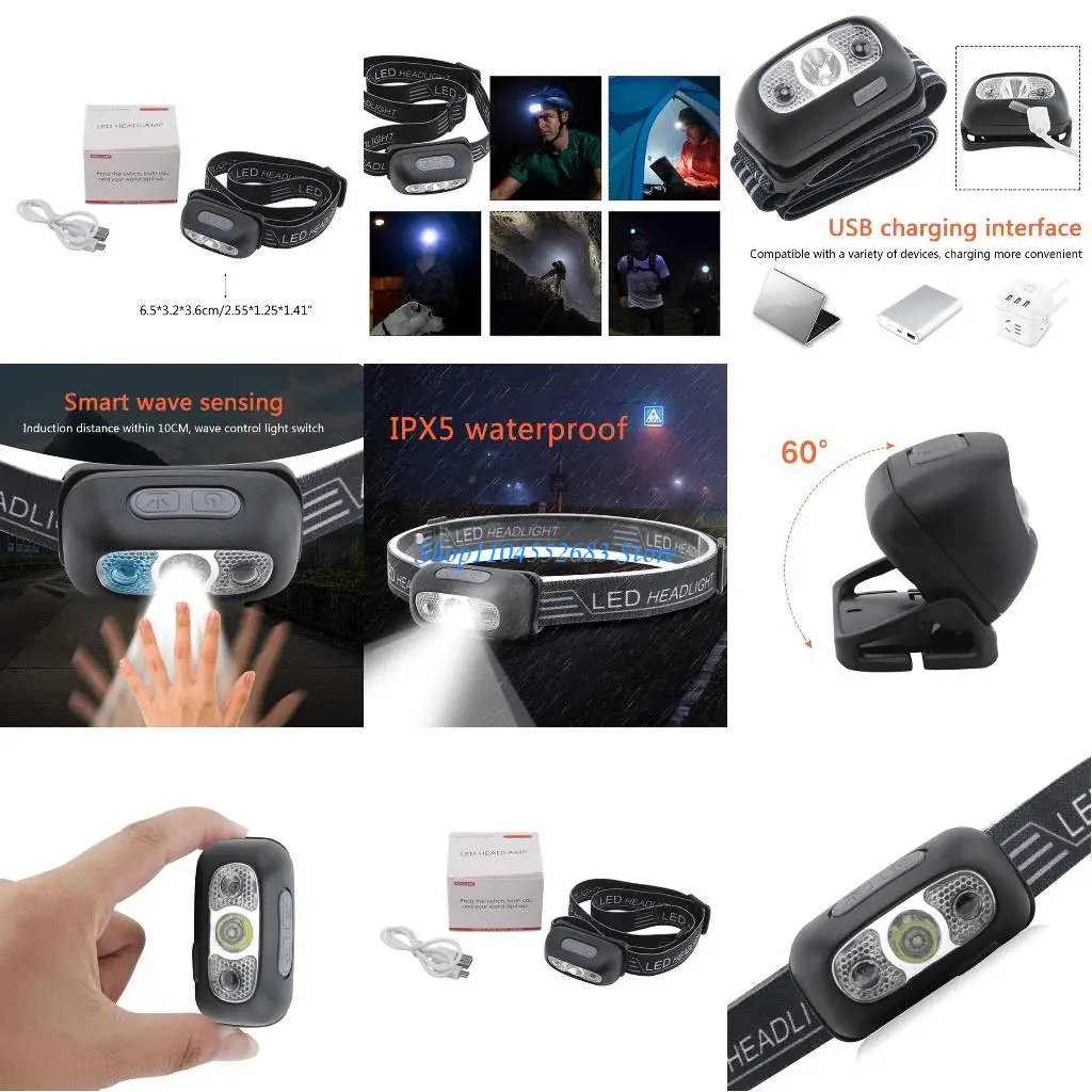 

Y6GD USB Rechargeable LED Headlamps with Hand Headlight Camping Flashlight for Head Light Torch Lamps Waterproof