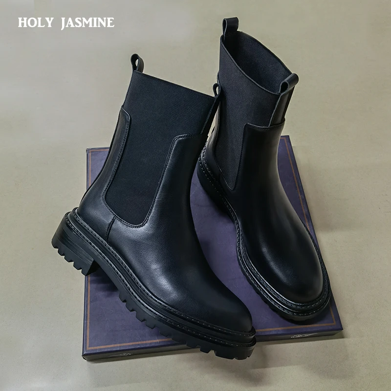 Shoes Woman England Style High Street Retro 2023 Autumn Winter Cowhide Chelsea Boots Women Casual Fashion Black Platform Boots