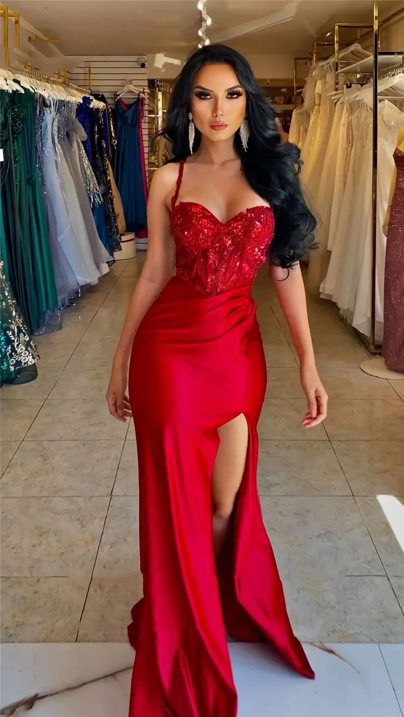 Flavinke Customized Red Sweetheart Mermaid Evening Dresses Spaghetti Straps Side Split Summer Prom Gowns Evening Party Dress