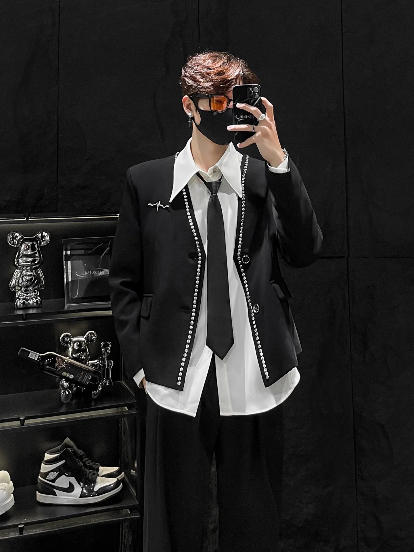 

Metal Rivet Padded oulder Casual Unlined Men's Suit Jaet HOMME Trendy Youthful Sle Long Sve Color Autumn Wear