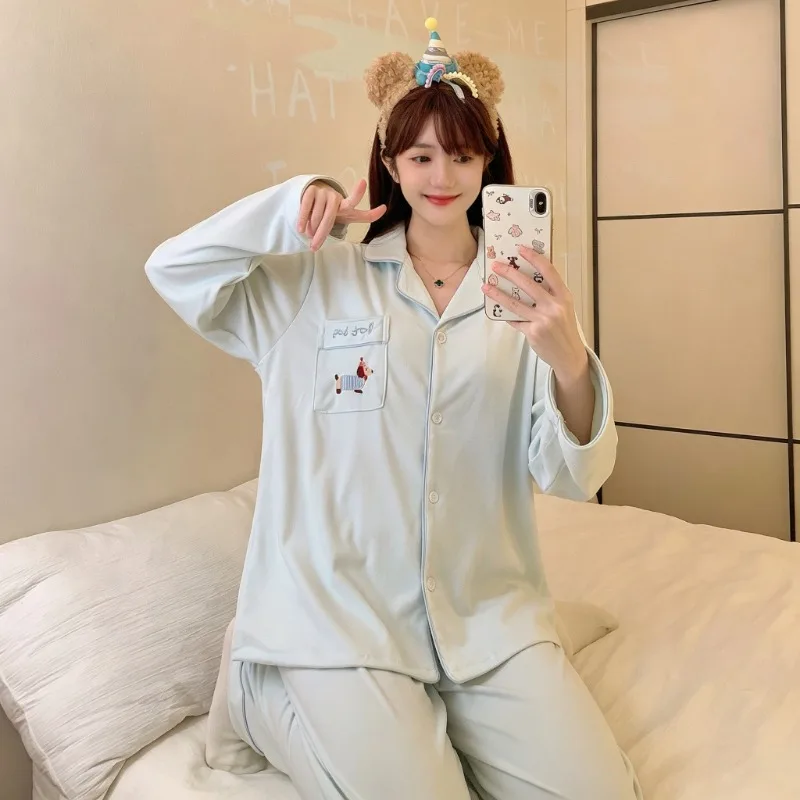Women Home Loungewear 2 Piece Set Brushed‑knit Cute Puppy Embroidery Sweet Style Long Sleeve Autumn Winter Sleepwear Nightwear