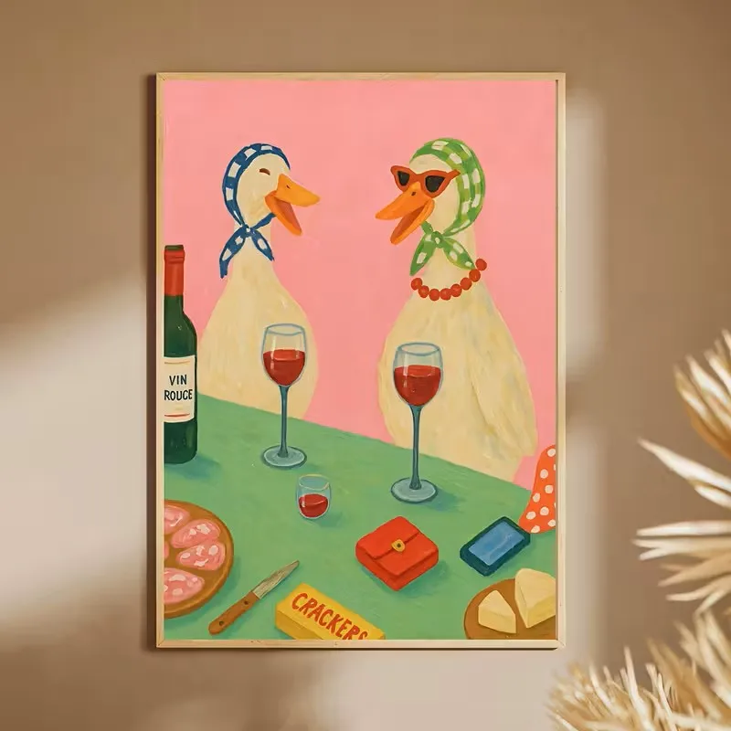 

Retro Duck Wine Party Canvas Poster Picture Wall Interior Decoration Nordic Living Room Kitchen Bathroom Home Decoration Prints