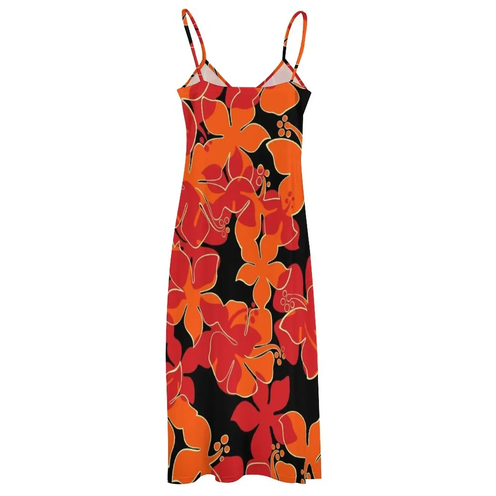 Hanalei-Vestido estampado floral havaiano feminino, camisa Camo Aloha, sem mangas, vermelho, laranja e preto, saia de verão