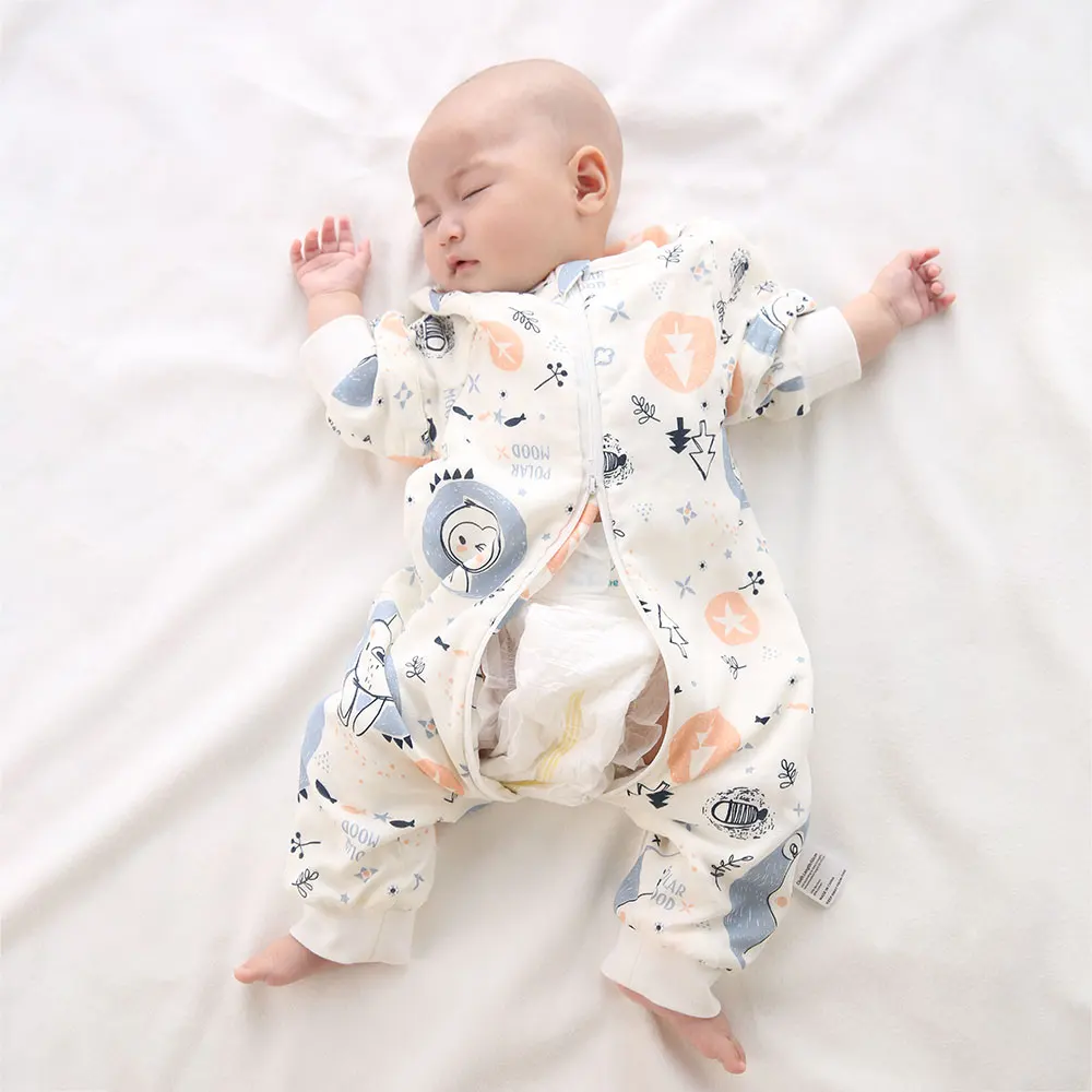Sleeping Bag For Babies 0-4 Years Cute Penguin Printed Soft Bamboo Cotton 3-Ways Zipper Diaper Changing Sleepsack Remove Sleeves