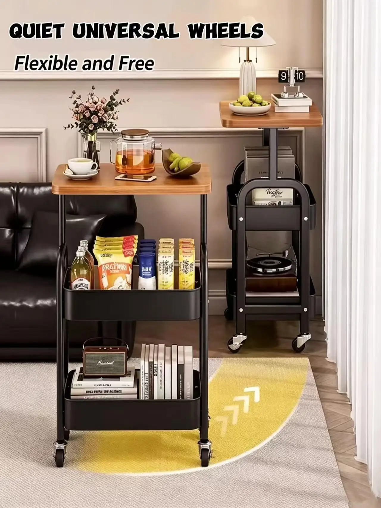 3 Tier Rolling Utility Cart with Wood Top Mobile Storage Trolley Side Table with Lockable Wheels Mesh Wire Baskets for Kitchen Bedroom Living Room Small Spaces Multipurpose Home Storage Organizer