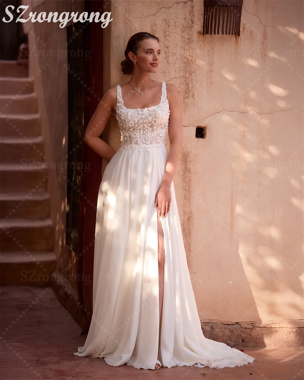 Bohemaid Square Collar Chiffon Draped A-line Wedding Dress Backless Side Slit Long Bridal Dress with Train Custom Made