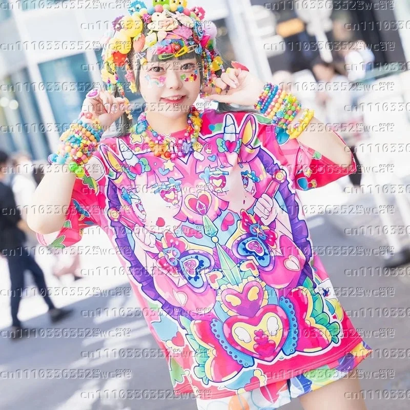 

New Style Confident Girl Unicorn Full Print Contrast Color Short-sleeved Top- Summer Two-dimensional Girl Y2K Harajuku Style Top