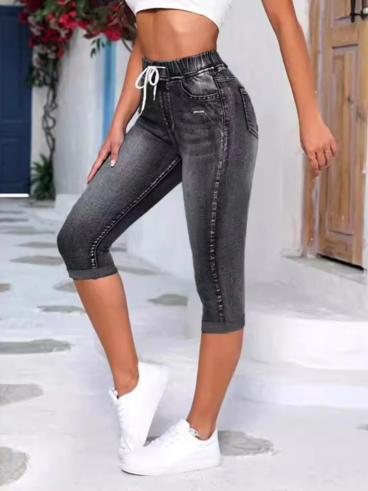 Pantalones Vaqueros de Mezclilla Elásticos con Roturas, Corte a la Altura de la Rodilla, Cintura Alta, Pierna Recta, Azul Oscuro, Primavera-Otoño, para Mujer...