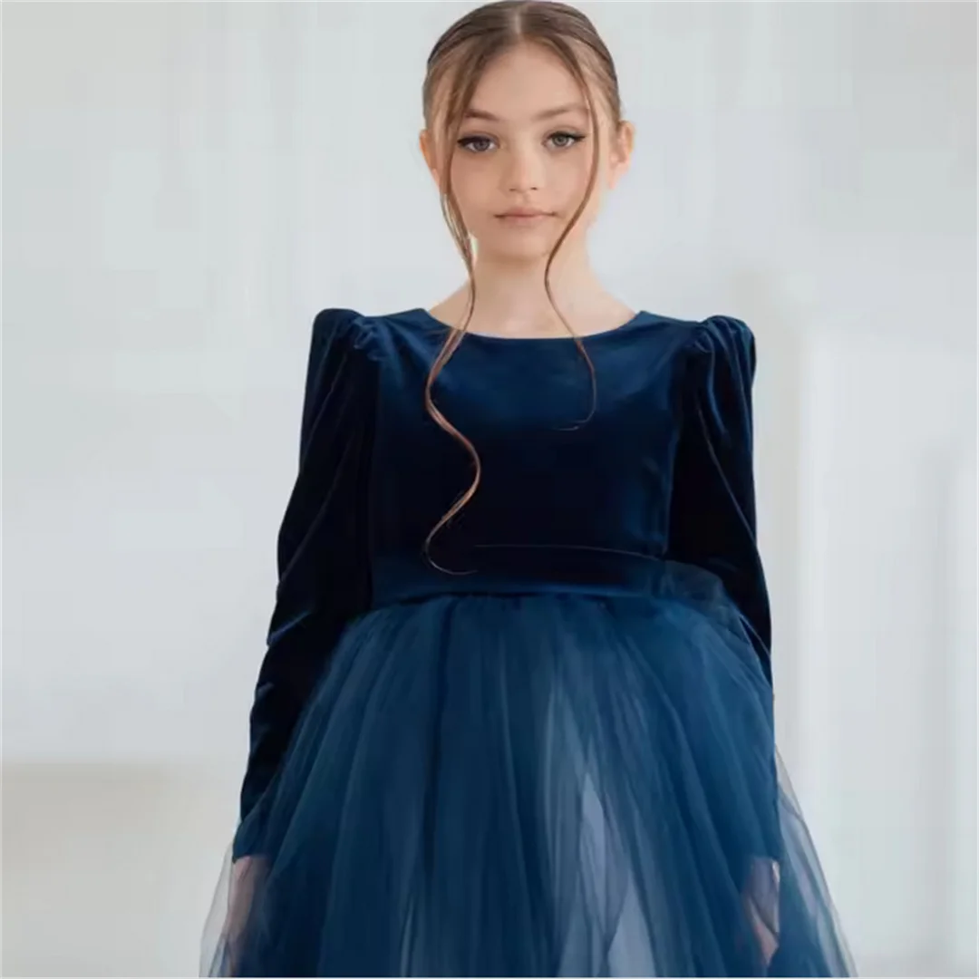 Customized Navy Blue Flower Girl Dresses Tulle Velvet With Bow Long Sleeve For Wedding Birthday Prom Banquet Princess