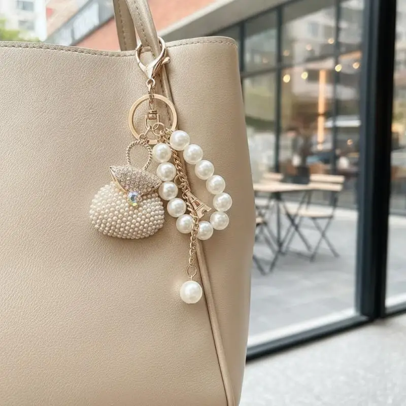 Luxuriöser Zirkon-Besetzter Perlen-Schlüsselanhänger, Eleganter Taschenanhänger, Kratzfester Schlüsselring für Damen-Party-Taschen-Dekoration – Detail 12