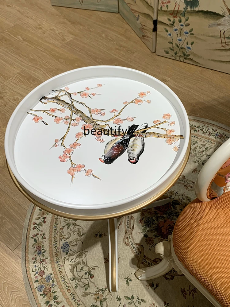 French Style Freehand Drawing Golden round Corner Table Small Apartment Living Room Furniture Flower-Bird Pattern Storage Rack