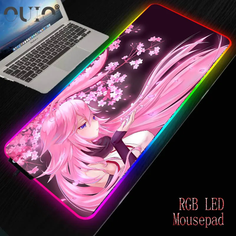 OUIO 900x400/350X600mm Anime Pink Flower Hair Girl RGB Large Gaming Mouse Pad  LED Lighting Mousepad Gamer Computer Desk Mat Pad