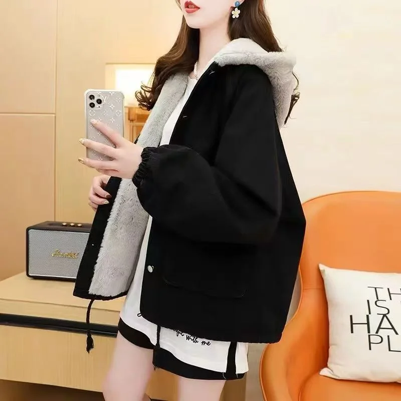 Plus Velvet Jacket Girls Campus Wind Imitates Lambswool Denim The Short Coat Trend Cotton Coat To Keep Warm Cotton-padded Jacket