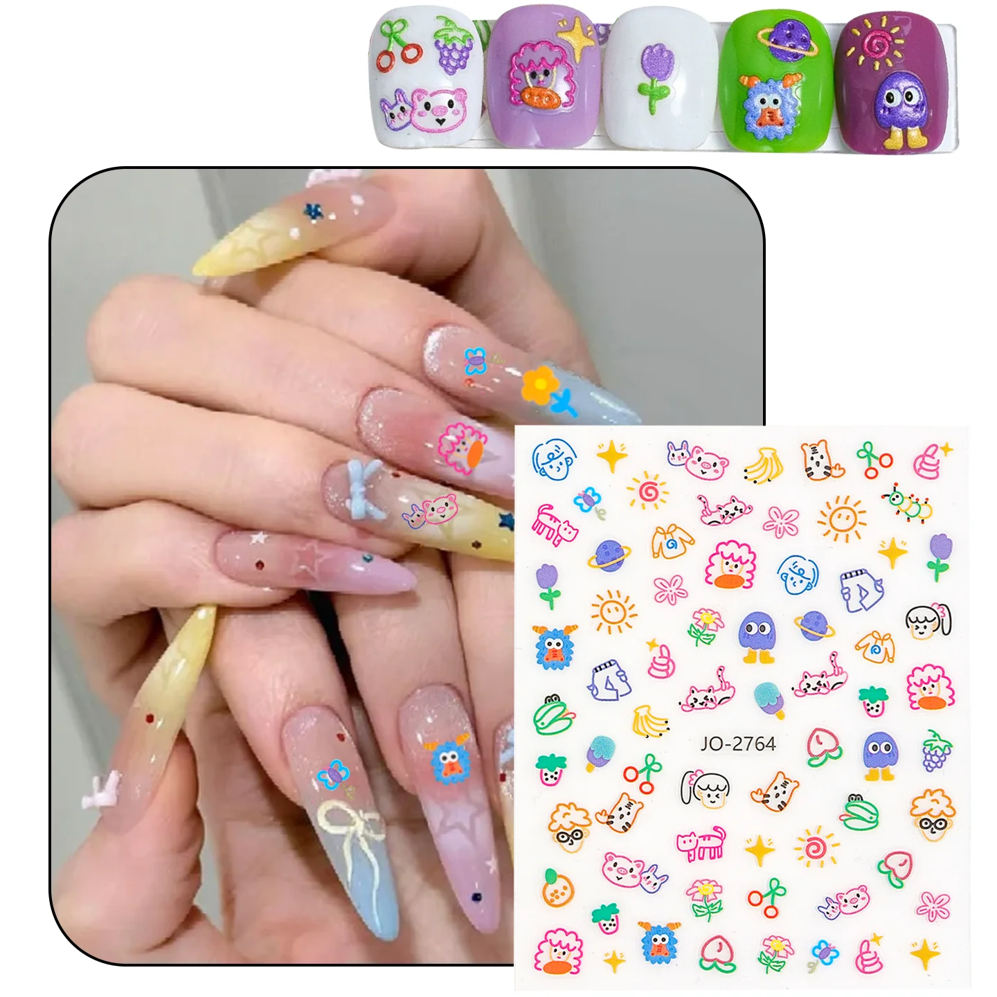 SANANIE Interesting Graffiti Sun Heart Flowers Nail Decals Lovely Animal Fruit Adhesive Embossed Nails DIY Waterproof Stickers