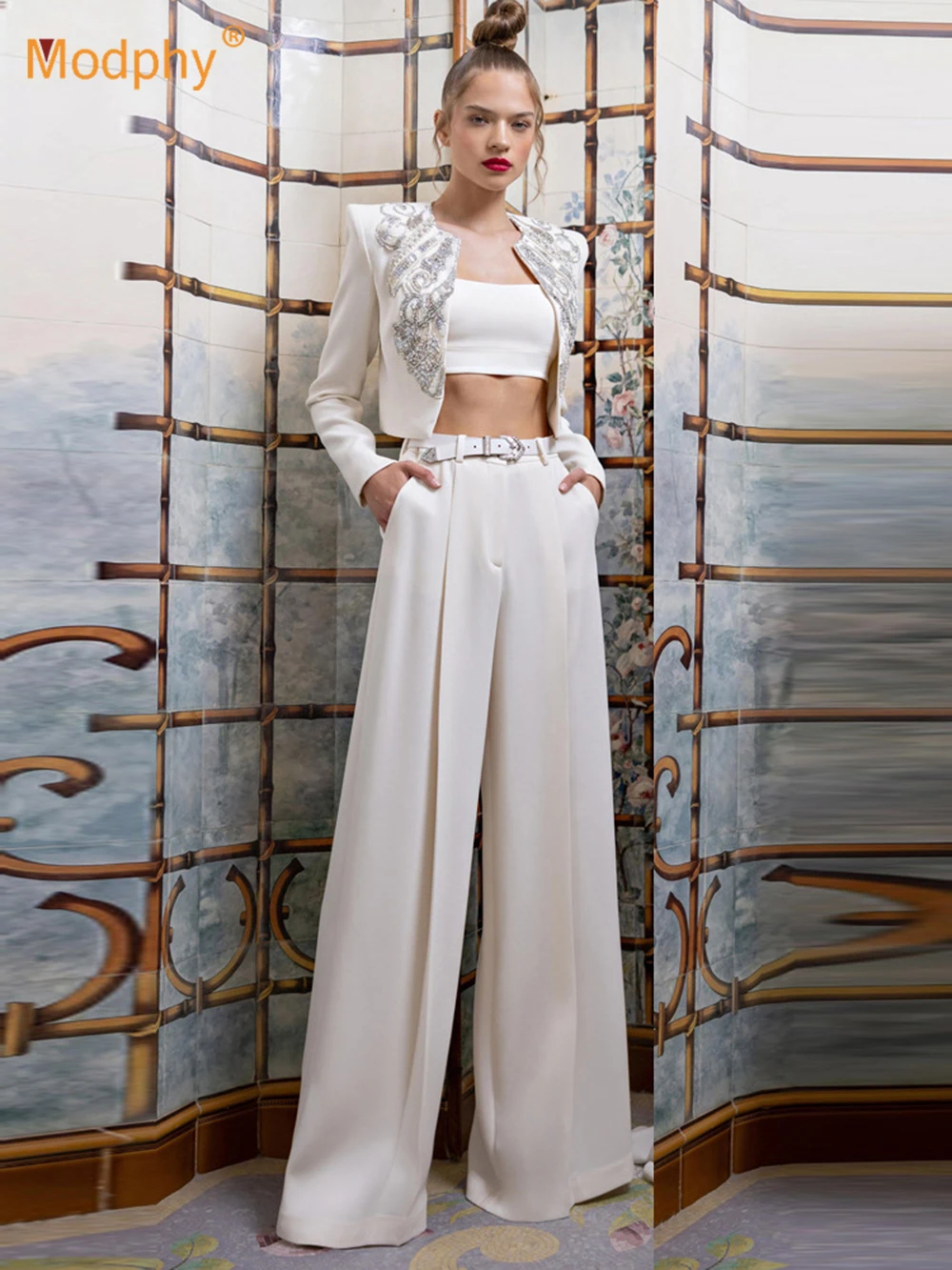 

Modphy High Quality White Luxury Women's Clothing Set Heavy duty Diamond Jacket+Wide Leg Pants Two Piece Set Elegant Suit Outfit