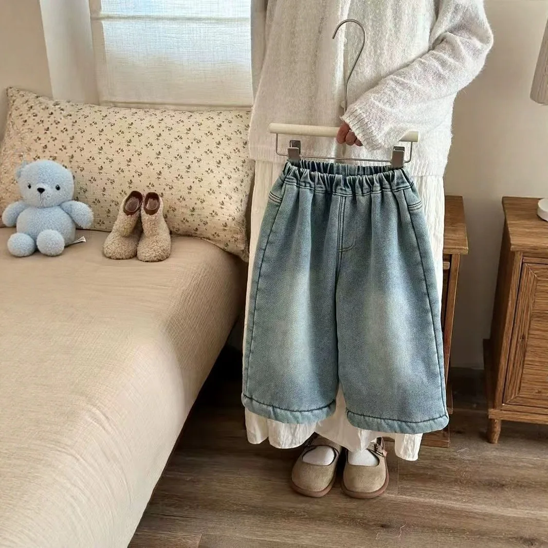 Children Autumn and Winter Fleece Thickened Jeans New Integrated Fleece Fashion Straight Wide-leg Pants Baby Pants