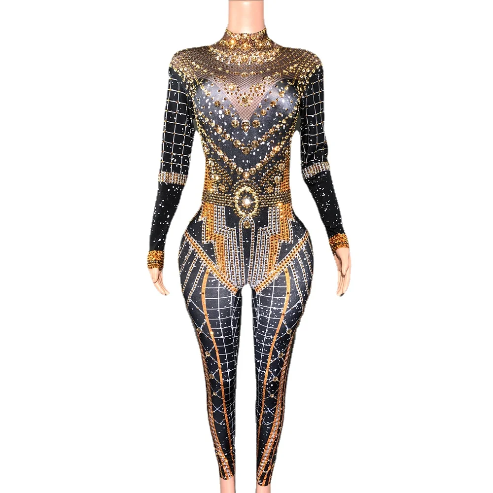 Sparkly Gold Rhinestones Jumpsuit Women Long Sleeve Stretchy Nightclub Party Outfit Singer Dancer Performance Costume Stage Wear