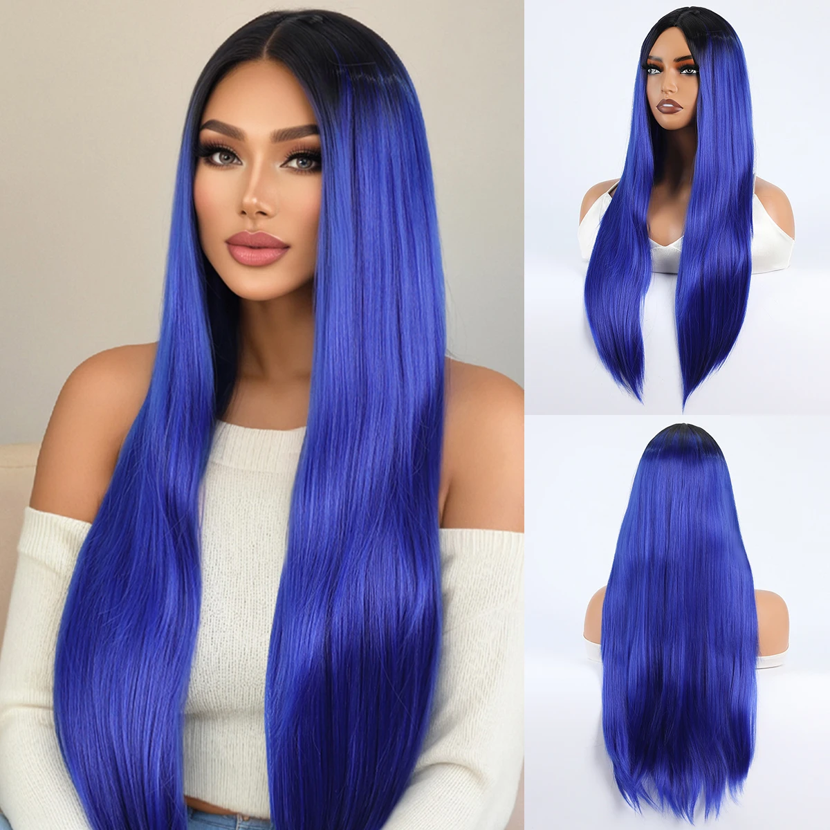 

Wig Fashion Women's Deep Blue Gradient Long Straight Hair Temperament Synthetic fiber wig
