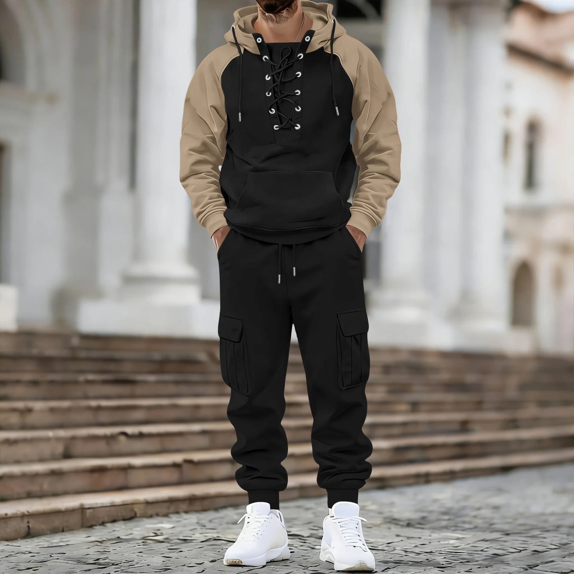 Herren Amerikanischer Oversize-Anzug mit Samtfutter Zweiteiliger Anzug mit Mehreren Taschen Arbeitskleidung Locker Sitzender Langarm-Oberteil und Hose Lässige Outdoor-Bekleidung – Detail 6