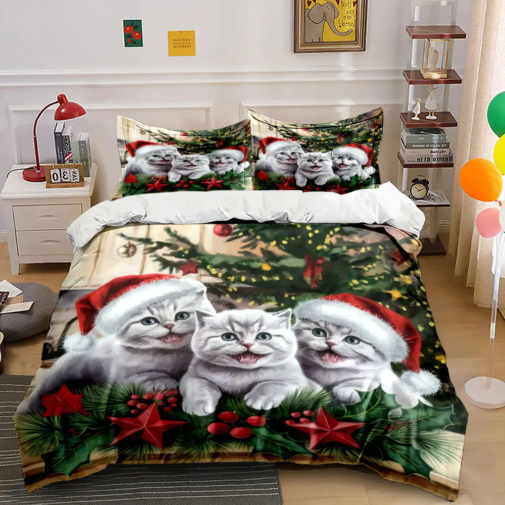 Three adorable kittens in Santa hats playing by holiday decor Print Duvet Cover Bedding Set Included 1Duvet Cover 2Pillowcases