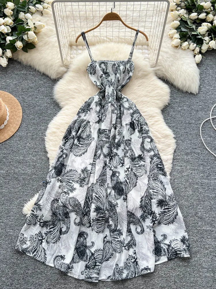 Vestido largo Retro con estampado Floral para mujer, vestido de verano con cintura adeazante, sin tirantes, estilo coreano,...