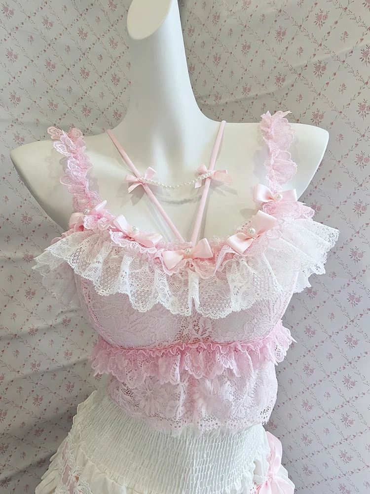 

Cute Lace Crop Tops for Sweet Girls Summer Pink White Cropped Bows Beads Decoration Sweet Camis Women Clothes
