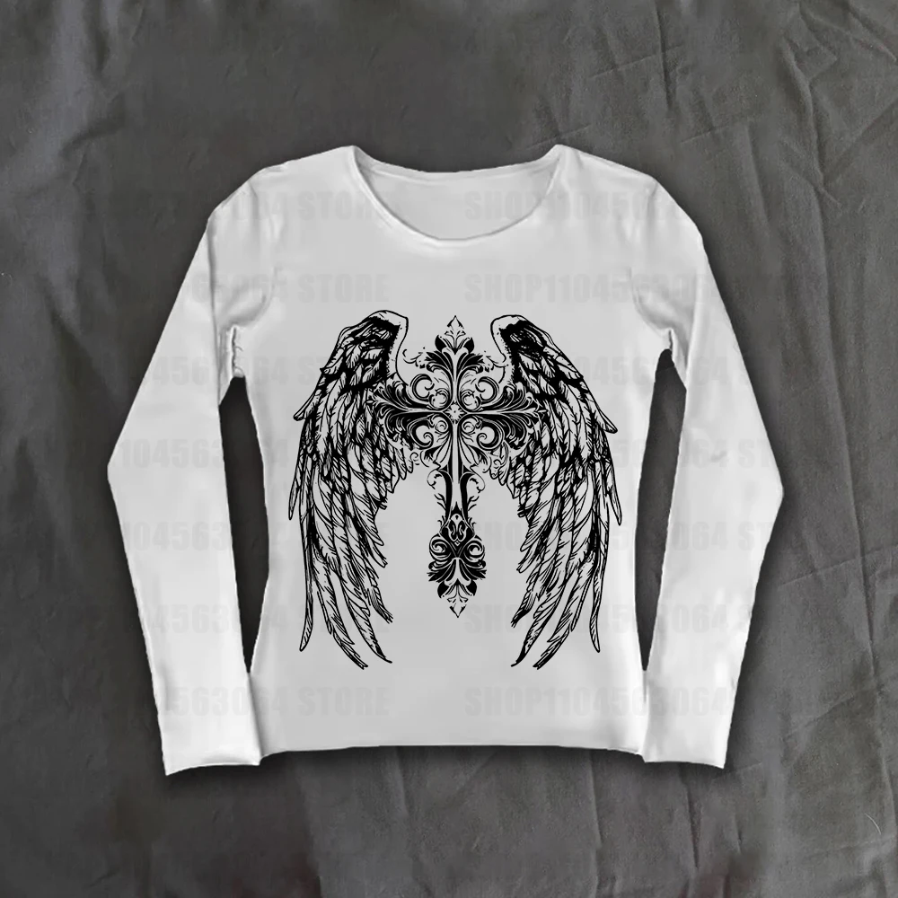

90s American Retro Revival T-shirt Harajuku Cross Wing Print Kawaii Gothic Emo Girls High Street Y2k Long Sleeve T-shirt