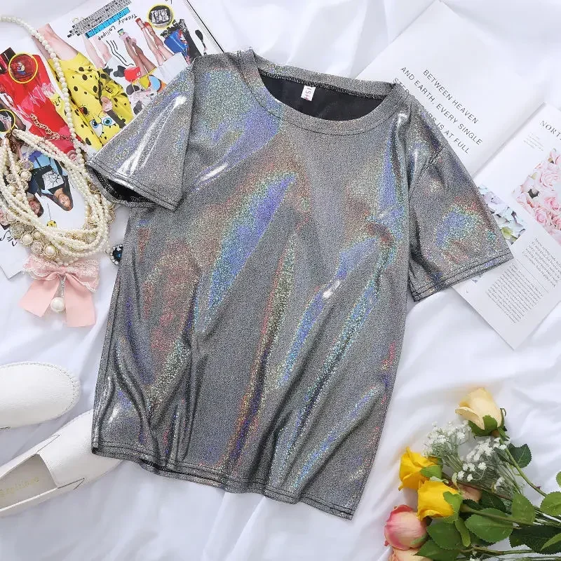 S-5XL Womens Sparkly Shiny Metallic Holographic Round Neck Short Sleeve Casual Loose Top Festival Party Tee Shirt Female Clothes