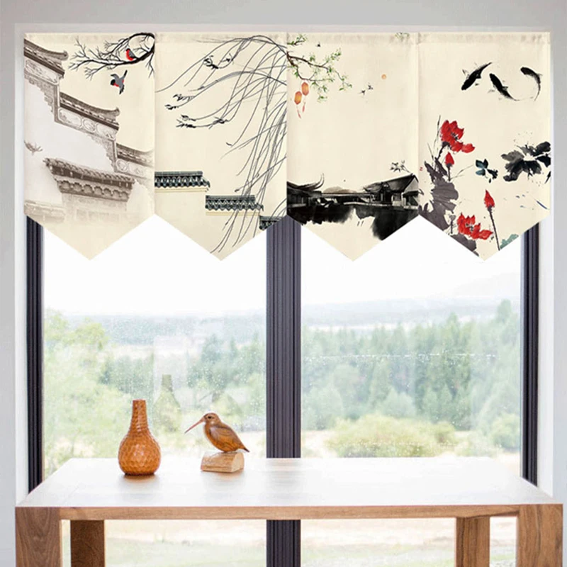 Chinese Style Ink Landscape Scenery Hanging Half Curtain  Kitchen Noren Doorway Partition Triangle Flag Restaurant Coffee Drapes