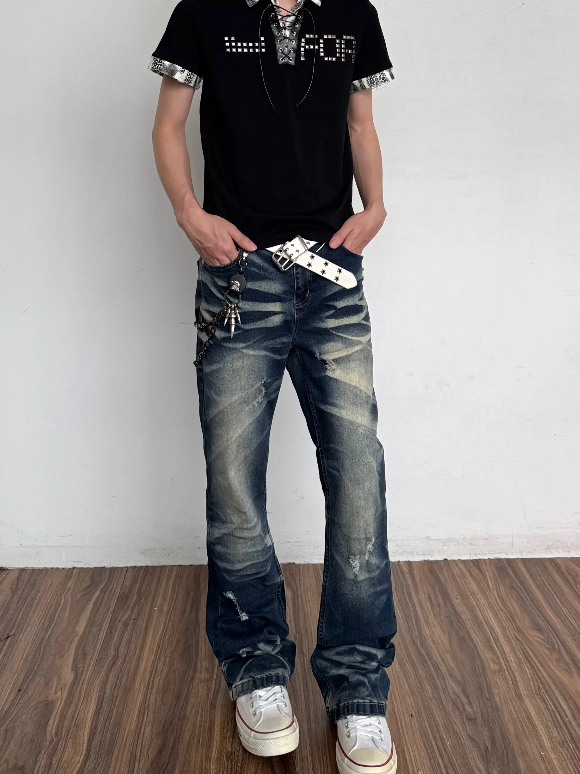 

Ripped Mustache Slim Fit Bell Bottoms Men's American High Street Retro Light Wash Straight Leggings Slimming Jeans