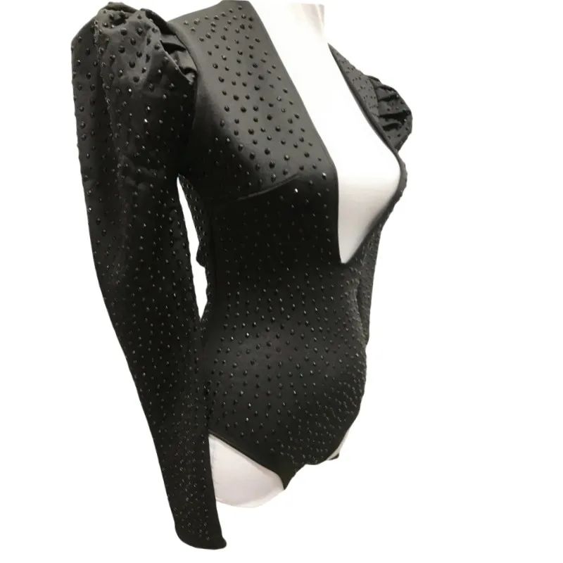 Body Sexy con cuello en V y diamantes de imitación para mujer, leotardo de cristal para fiesta en club nocturno, DJ, bailarina, cantante, Bar, actuación en el escenario