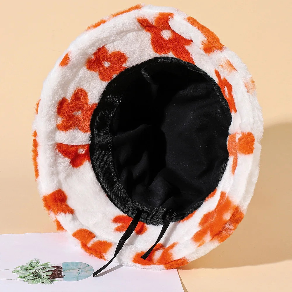 Flower Plush Fluffy  Bucket Hat  Women Fisherman Hat  Winter Outdoor Faux Fur Thick Warm Panama Cap Bob Femme