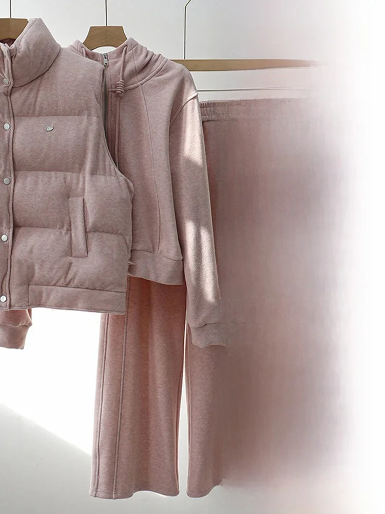 

Women's Casual Fce Lined Sports Set Tee Piece Suit Commute Sle High Waist Wide Leg Pants Hoodie Vest Autumn Winter