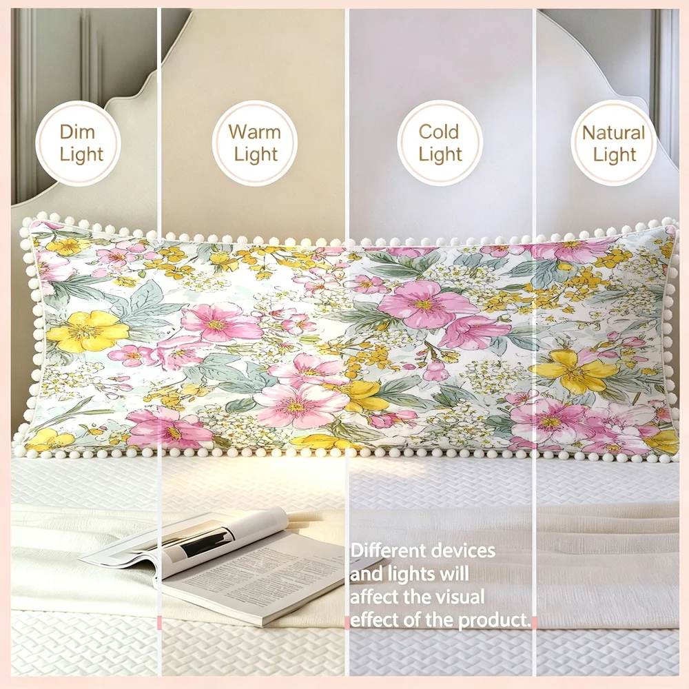 1PC White Background with Pink Yellow Large Flowers and Green Leaves, Hand Drawn Garden Floral Long Pillow Cover with Pom Pom