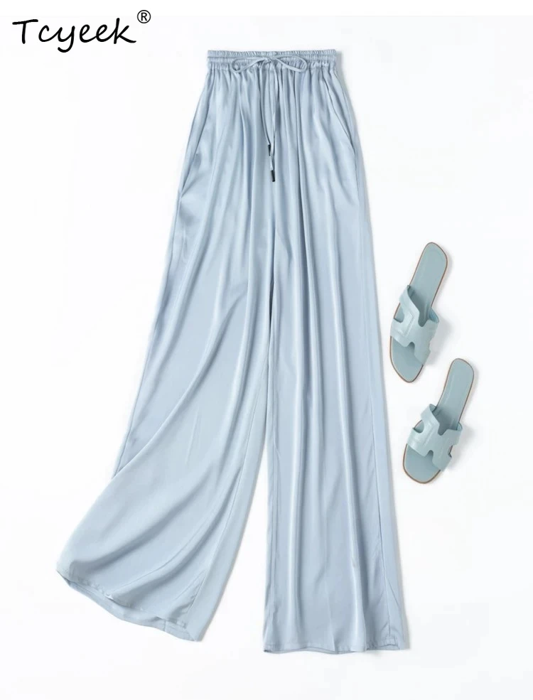 

Шелковые брюки Tcyeek из 93% натурального шелка тутового шелкопряда, женские летние тонкие брюки с широкими штанинами, эластичные брюки на талии, женские брюки Pantalones Mujer