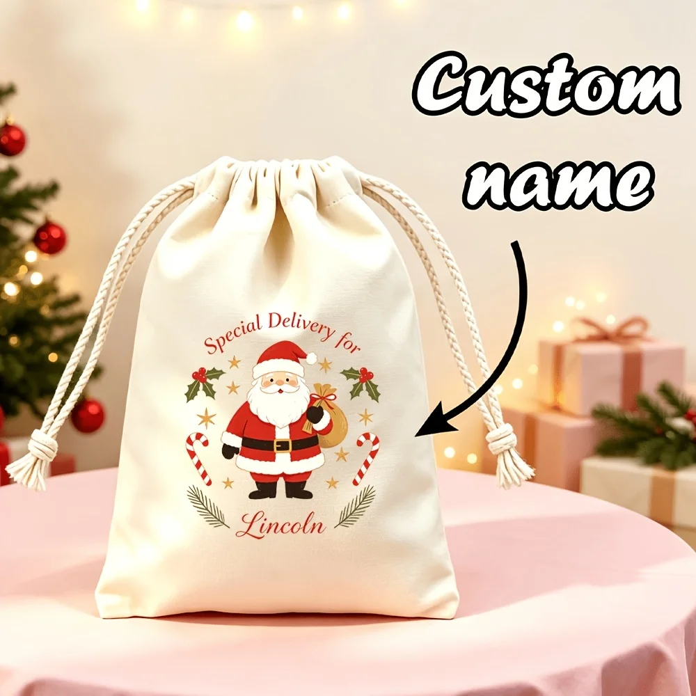 1Pc Christmas Party Drawstring Gift Bags, Custom Santa Bags with Personalized Name/Text, Suitable for Wrapping and Storing Gifts