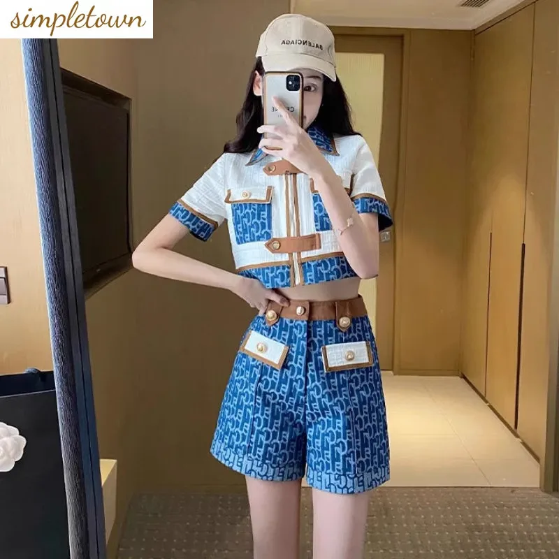 

Summer New Xiaoxiangfeng Cowboy Set Fashion T-shirt Top+Design Niche Shorts Two Piece Set