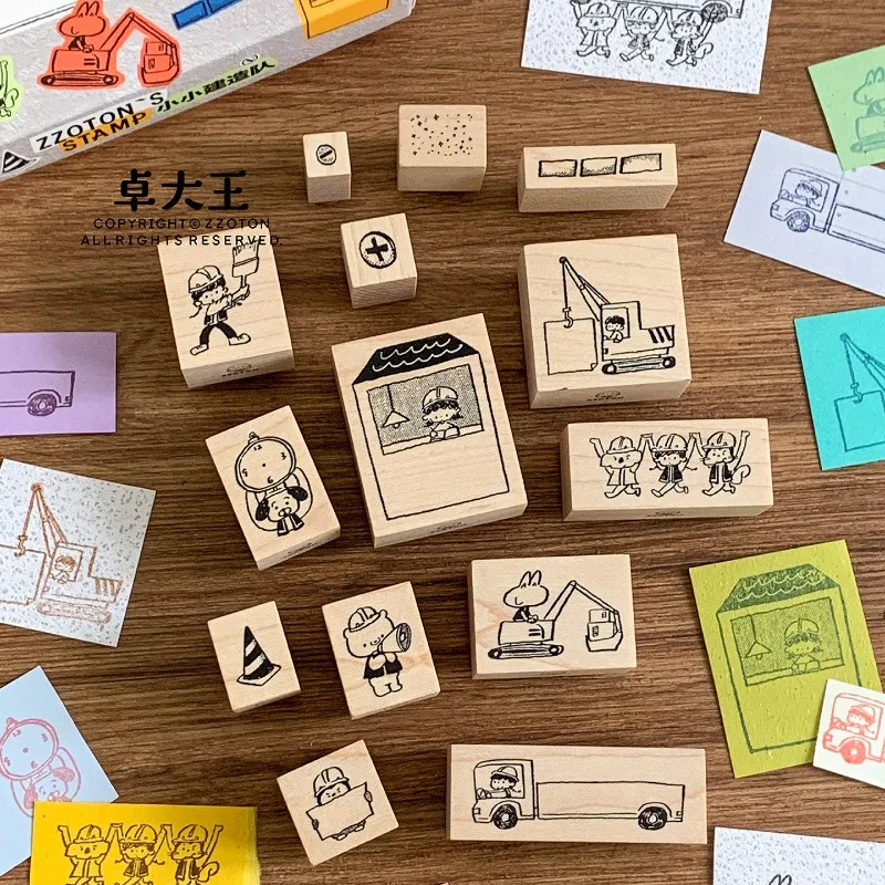 Tampon en caoutchouc en bois DIY avec motifs de camion excavateur et d'équipe de construction A Zhuo pour scrapbooking, album photo et fabrication de cartes
