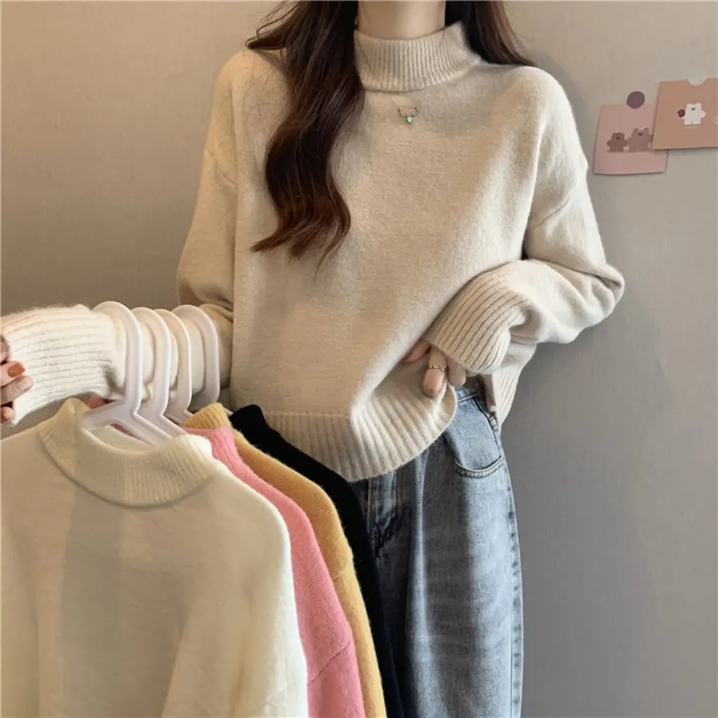

Women's Korean Style Solid Color Half Turtleneck Short Knitted Sweater Autumn Winter Western Style Inner Shirt