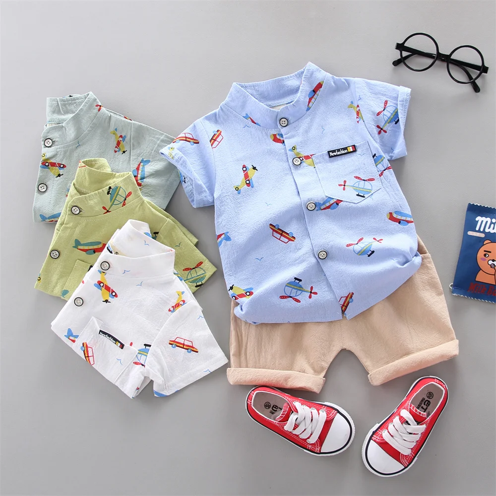 2PCS Infant and Toddler Summer Fashion Full Body Cartoon Aircraft Random Printing Shirt Shorts Set