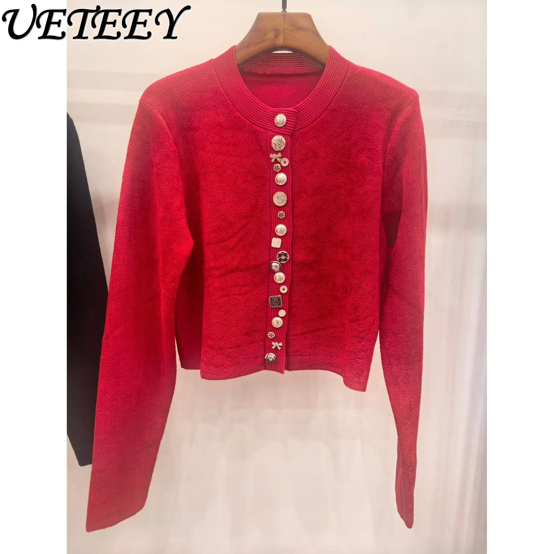 

Spring Autumn New French Style Heavy Button Slim Fit Round Neck Short Knitted Cardigan Fashion Versatile Long Sleeve Sweater